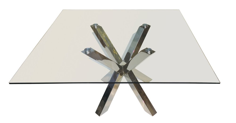 Clear and Silver Glass and Metal Cross Leg Base Square Dining Table - 60-inch