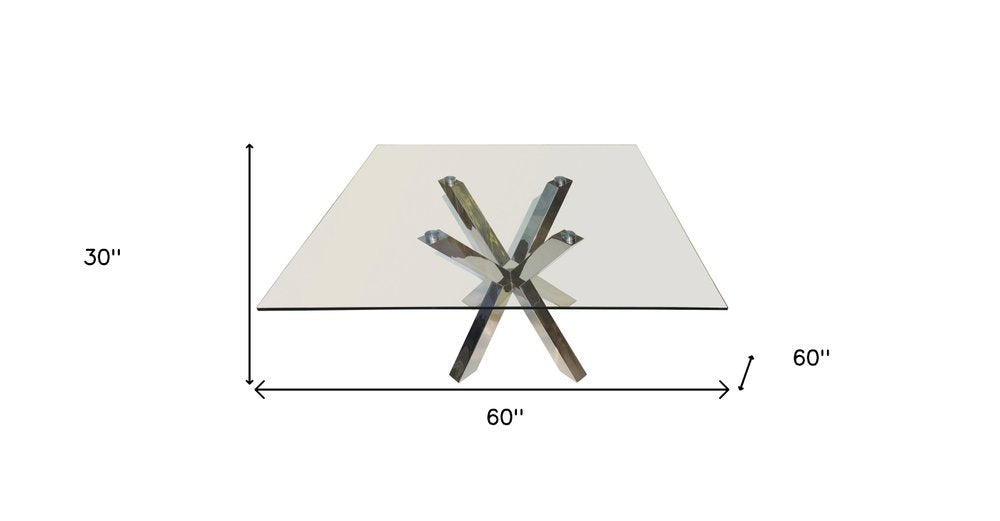 Clear and Silver Glass and Metal Cross Leg Base Square Dining Table - 60-inch