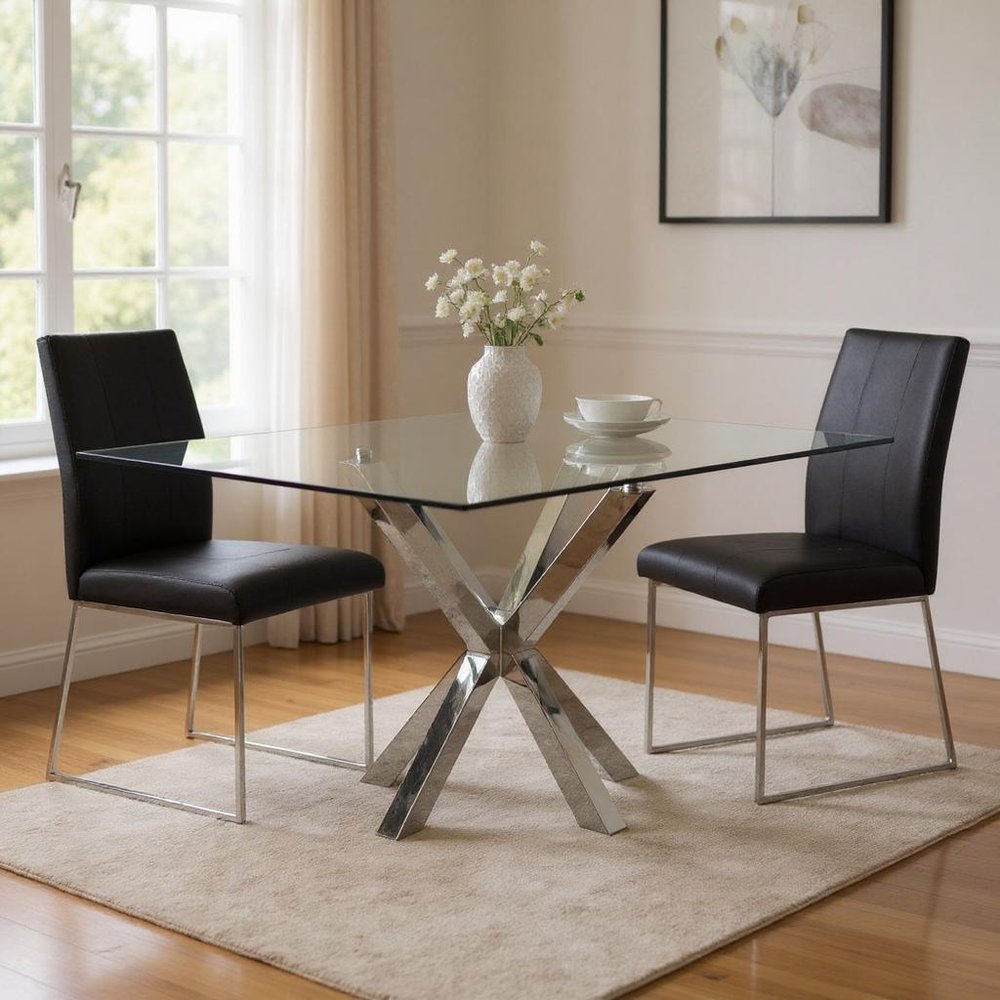 Clear and Silver Glass and Metal Cross Leg Base Square Dining Table - 60-inch