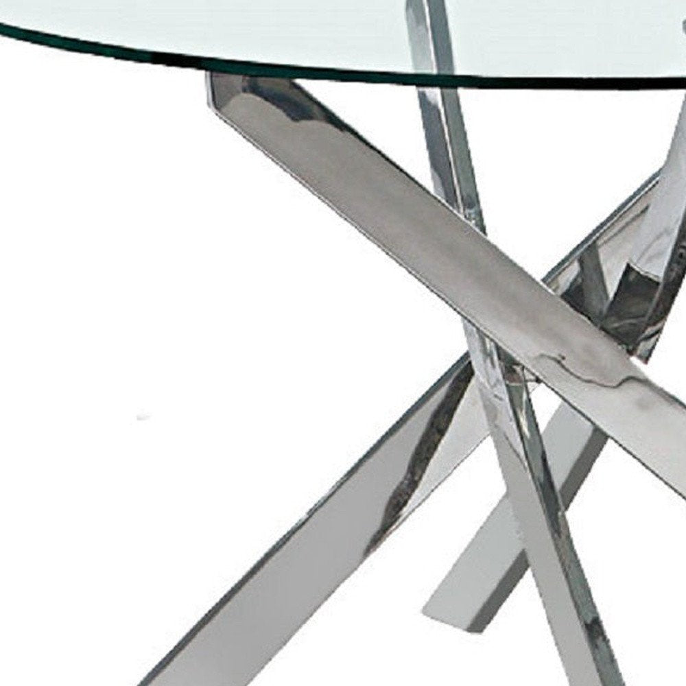 Clear and Silver Glass and Metal Cross Leg Base Round Top Dining Table - 54-inch