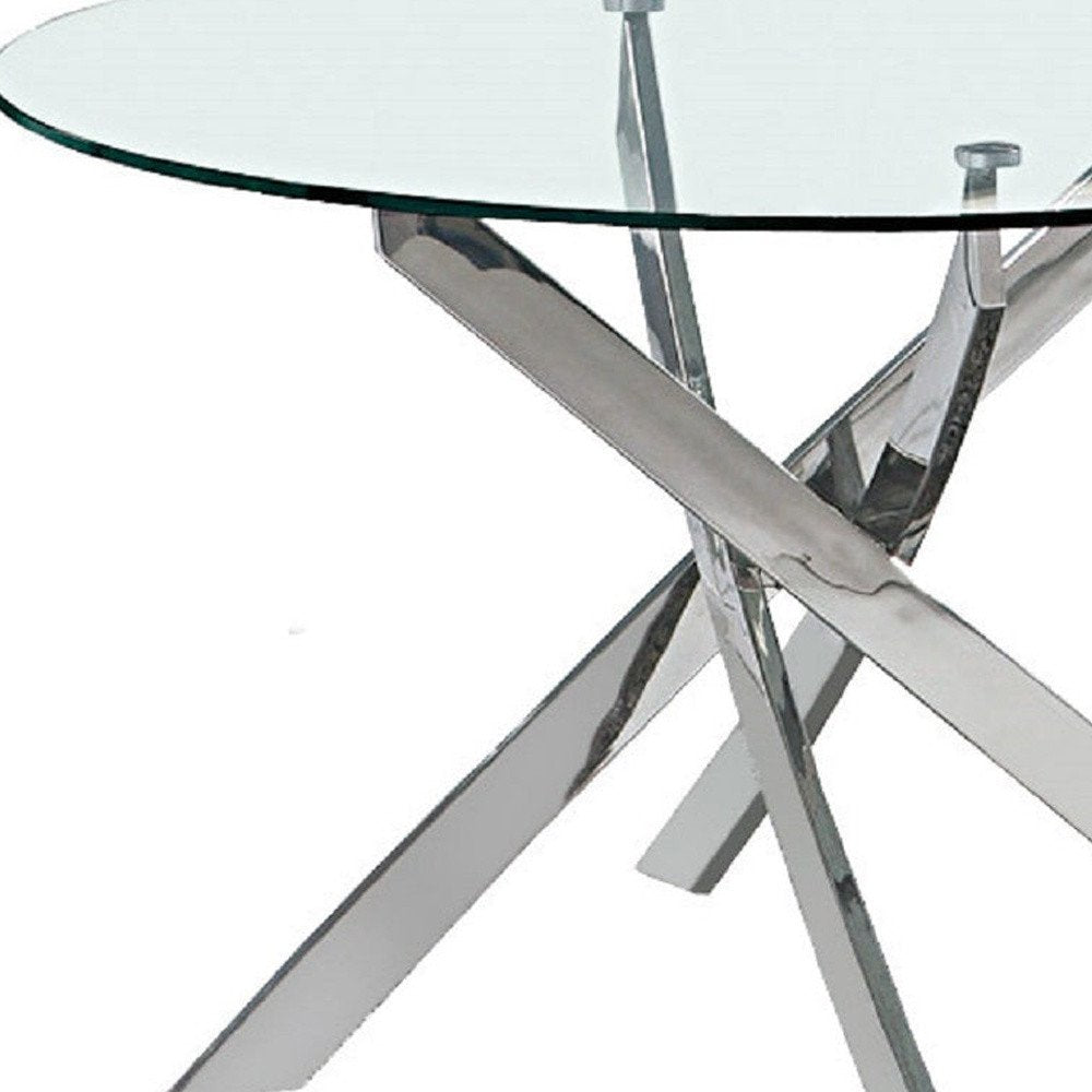 Clear and Silver Glass and Metal Cross Leg Base Round Top Dining Table - 54-inch