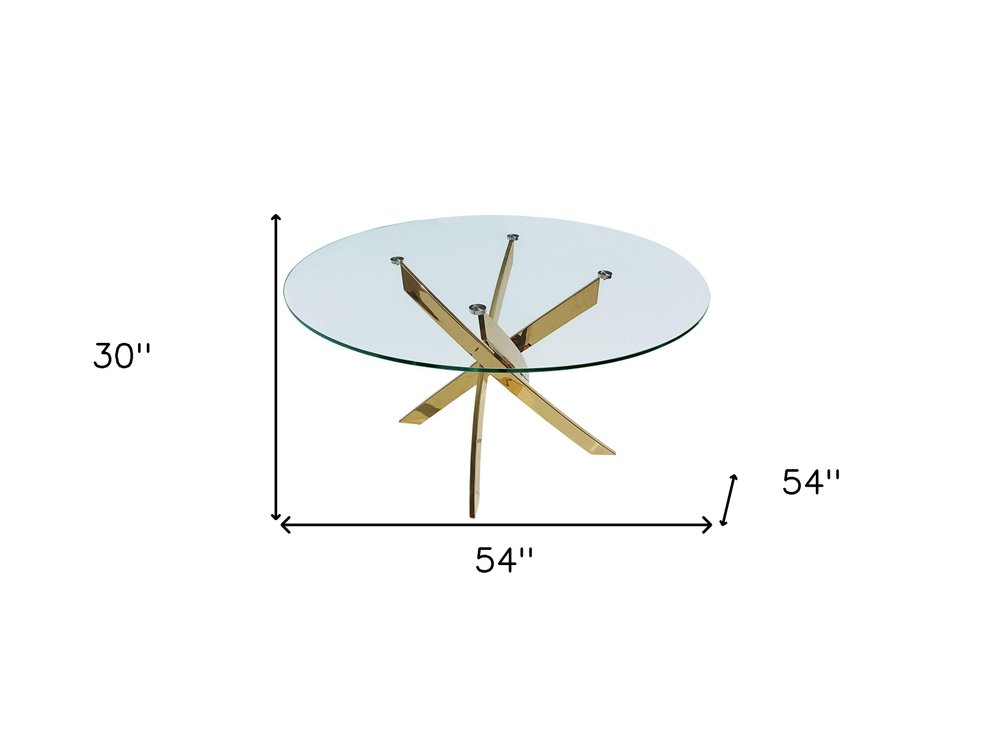 Clear and Gold Glass and Metal Cross Leg Base Round Top Dining Table - 54-inch