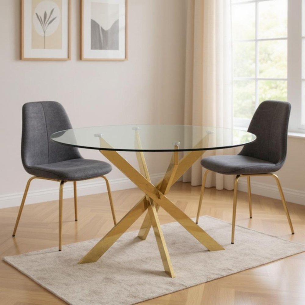 Clear and Gold Glass and Metal Cross Leg Base Round Top Dining Table - 54-inch