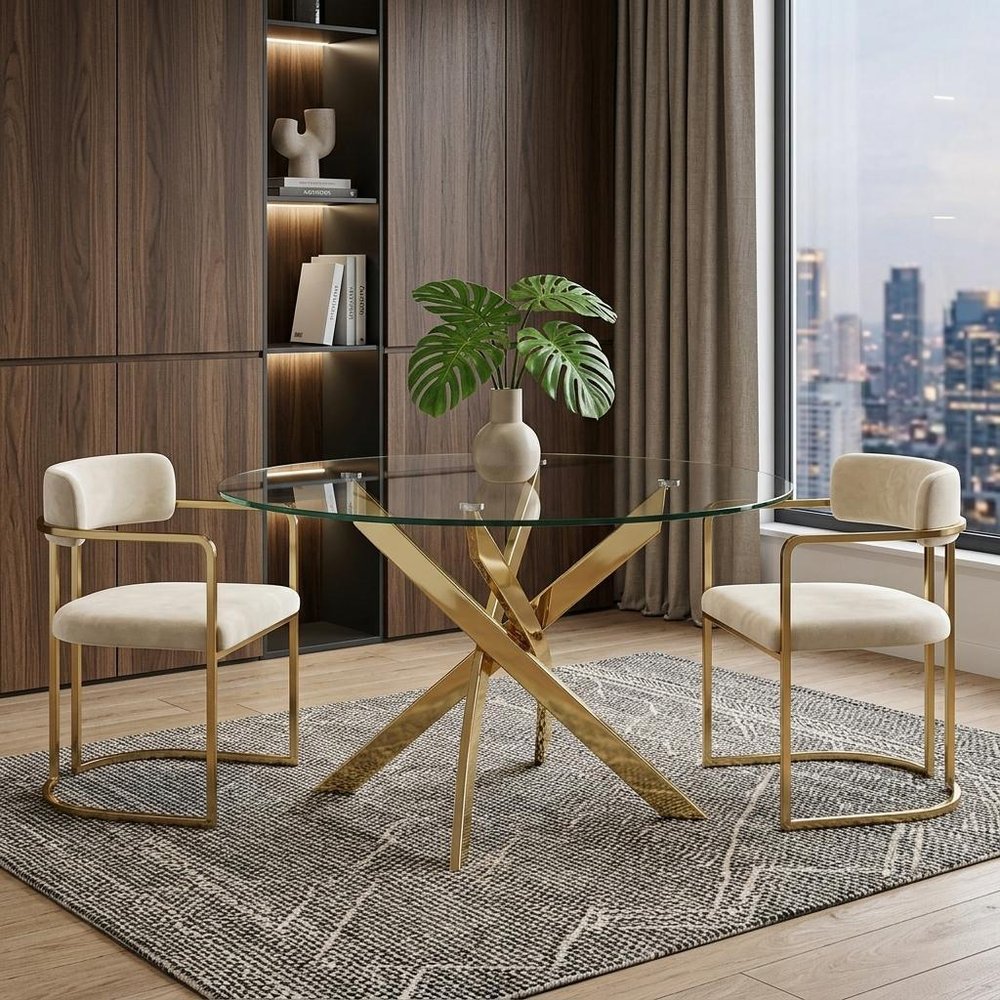 Clear and Gold Glass and Metal Cross Leg Base Round Top Dining Table - 54-inch