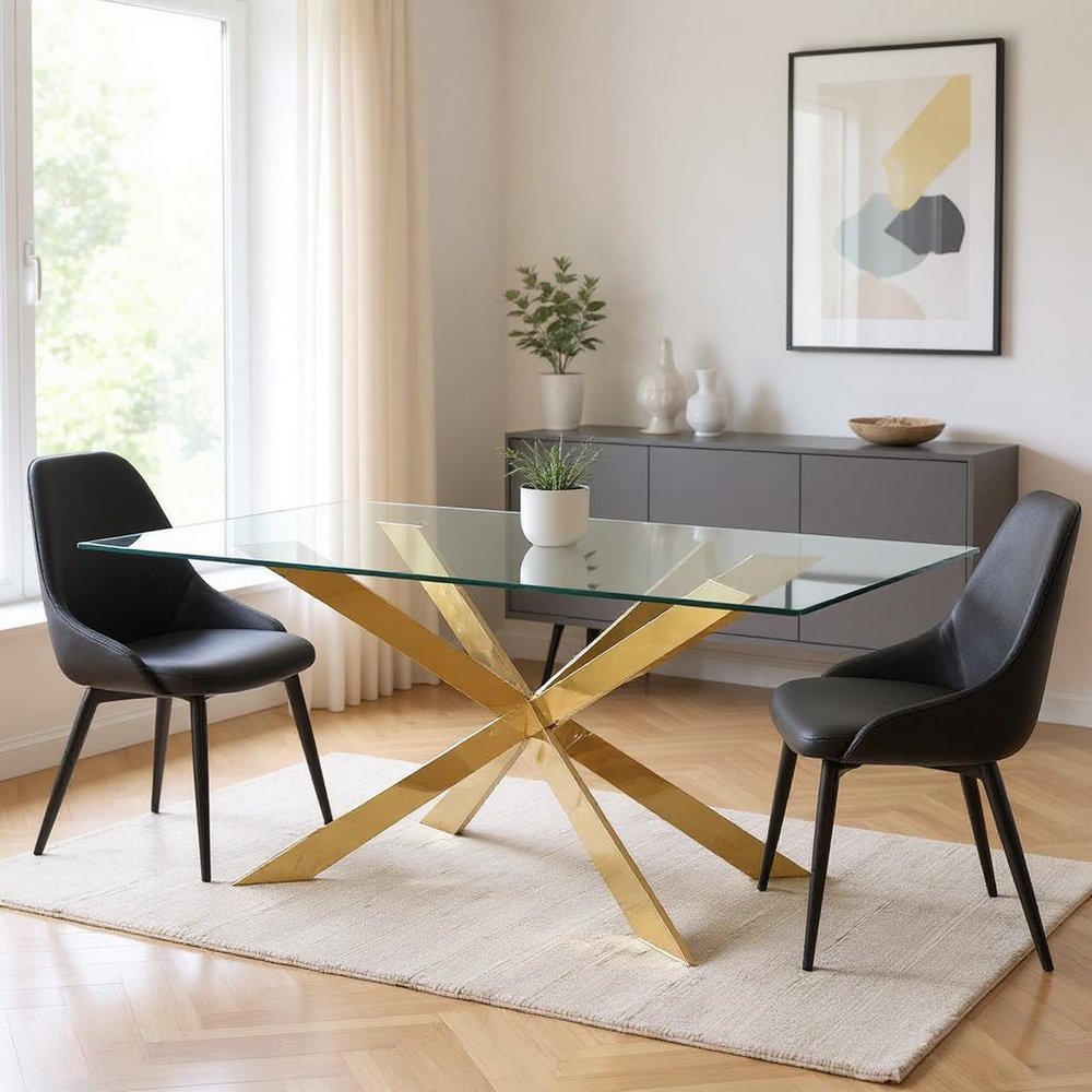 Clear and Gold Glass and Metal Cross Leg Base Dining Table - 72-inch