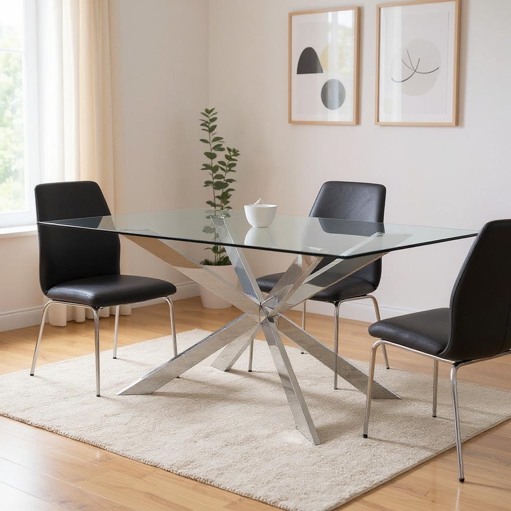 Clear and Silver Glass and Metal Cross Leg Base Dining Table - 72-inch