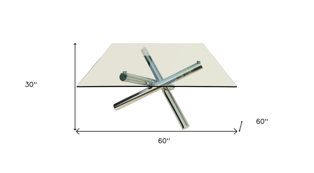 Clear and Silver Glass and Metal Cross Leg Base Square Dining Table - 60-inch