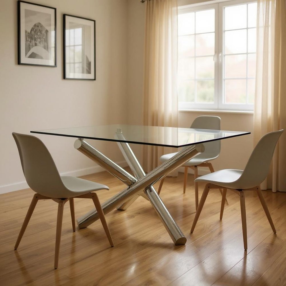 Clear and Silver Glass and Metal Cross Leg Base Square Dining Table - 60-inch