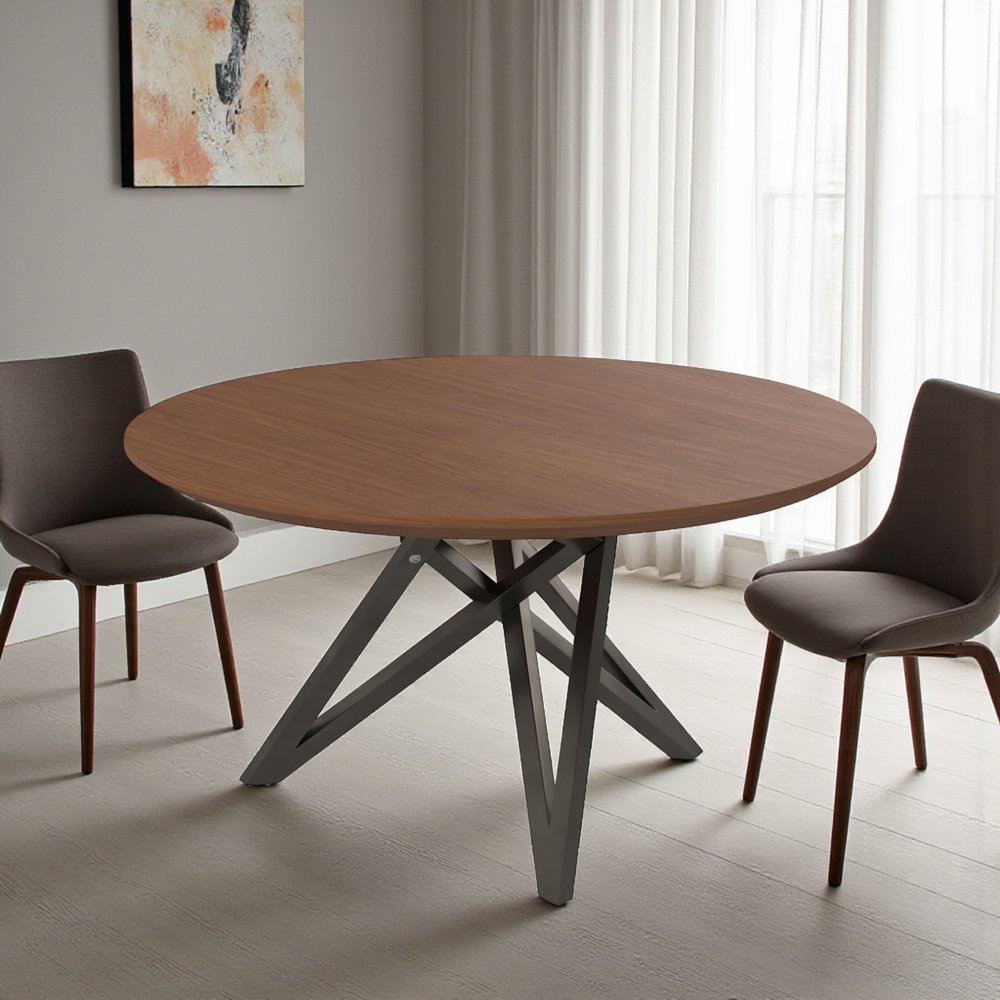 Brown and Gray Wood and Stainless Steel Cross Leg Base Round Top Dining Table