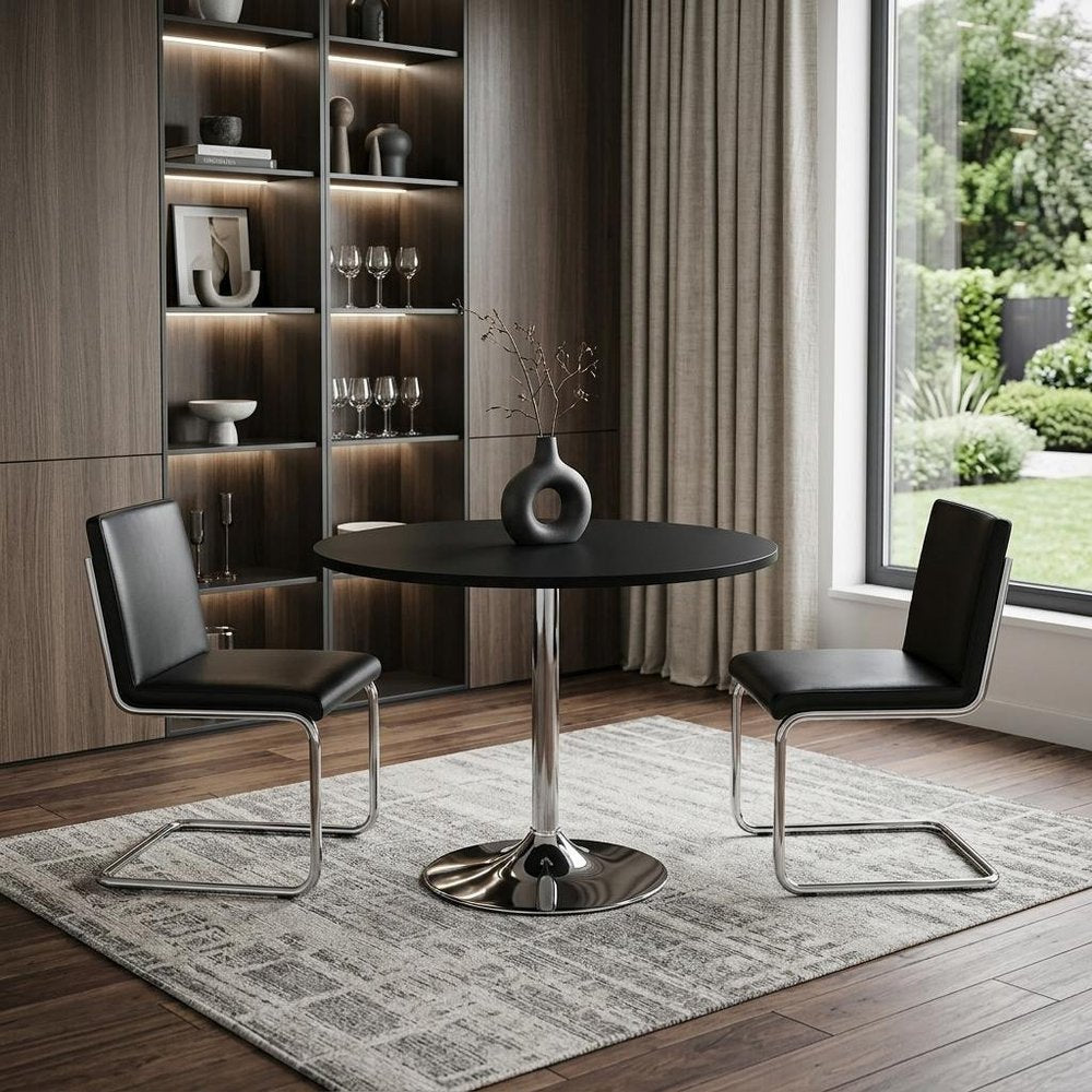 Black and Silver Wood and Metal Pedestal Base Round Top Dining Table - 36-inch