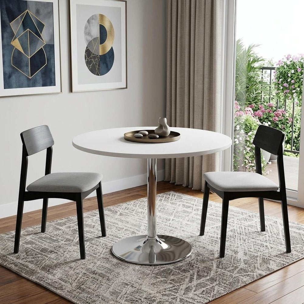 White and Silver Wood and Metal Pedestal Base Round Top Dining Table - 36-inch