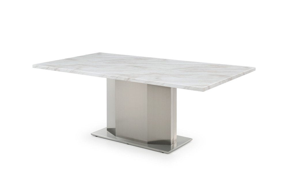 Gray White and Silver Marble and Stainless Steel Pedestal Base Dining Table