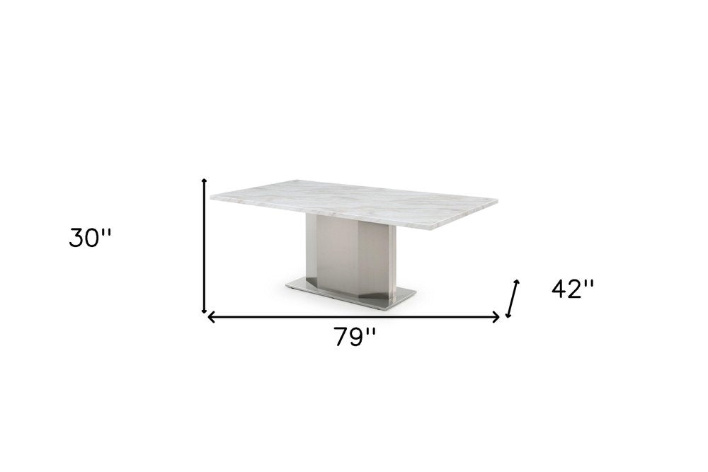 Gray White and Silver Marble and Stainless Steel Pedestal Base Dining Table