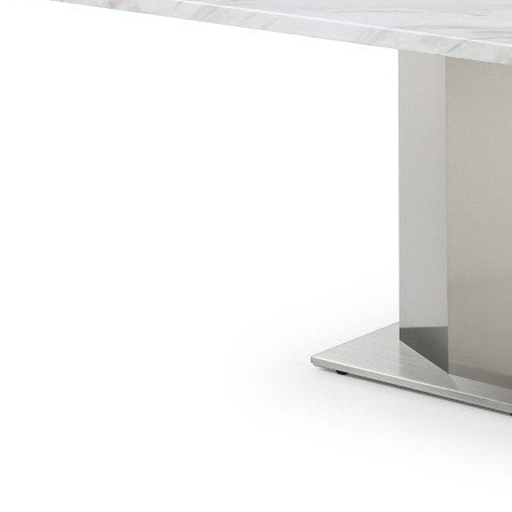 Gray White and Silver Marble and Stainless Steel Pedestal Base Dining Table