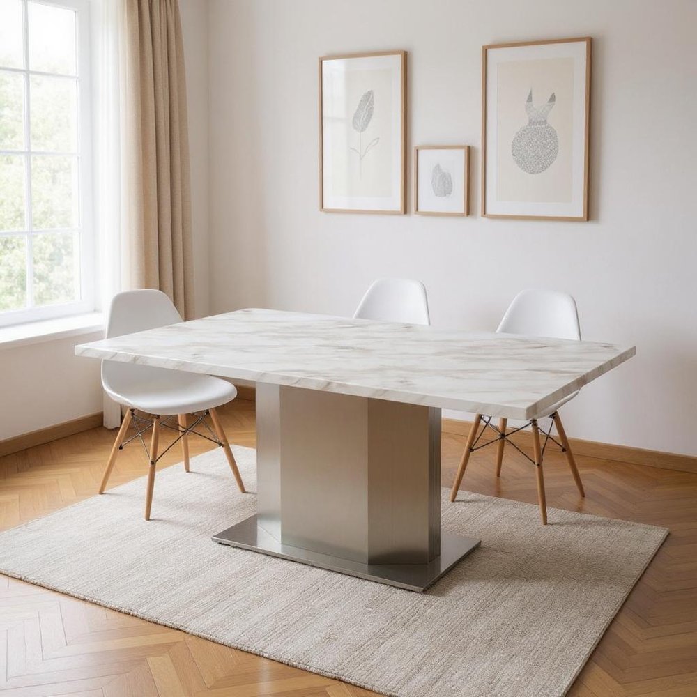 Gray White and Silver Marble and Stainless Steel Pedestal Base Dining Table