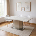 Gray White and Silver Marble and Stainless Steel Pedestal Base Dining Table