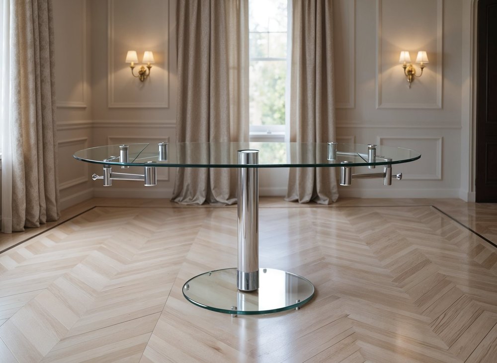 Clear and Silver Glass and Metal Self-Storing Leaf Motion Extendable Dining Table