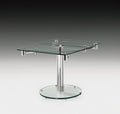 Clear and Silver Glass and Metal Self-Storing Leaf Motion Extendable Dining Table