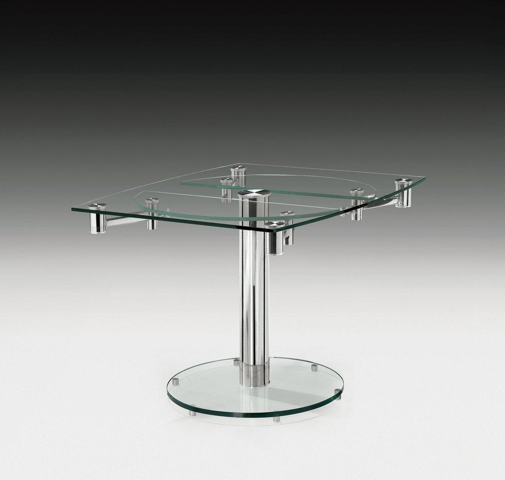 Clear and Silver Glass and Metal Self-Storing Leaf Motion Extendable Dining Table