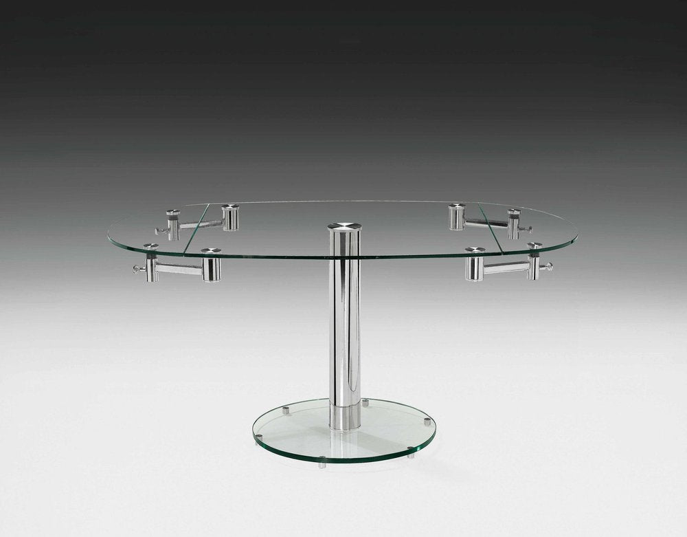Clear and Silver Glass and Metal Self-Storing Leaf Motion Extendable Dining Table