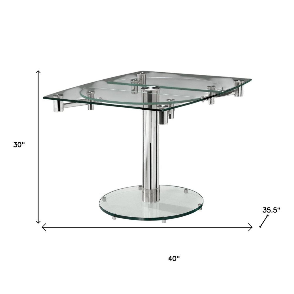 Clear and Silver Glass and Metal Self-Storing Leaf Motion Extendable Dining Table