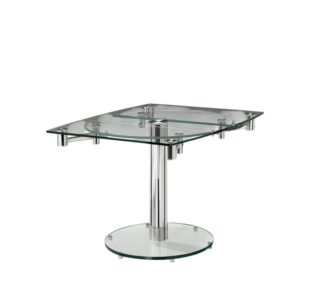 Clear and Silver Glass and Metal Self-Storing Leaf Motion Extendable Dining Table