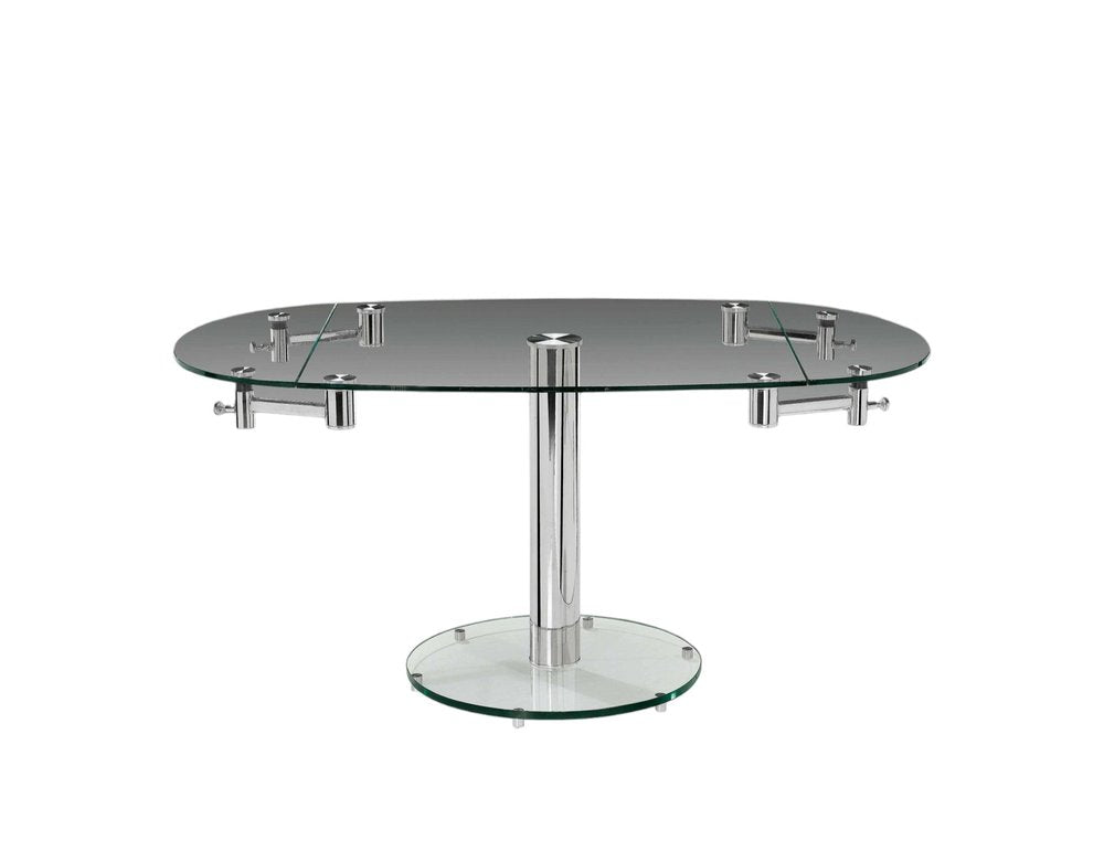 Clear and Silver Glass and Metal Self-Storing Leaf Motion Extendable Dining Table