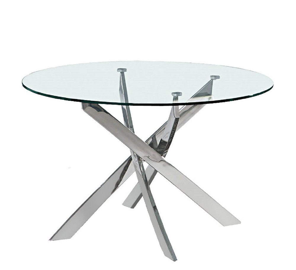 Clear and Silver Glass and Metal Cross Leg Base Round Top Dining Table - 48-inch