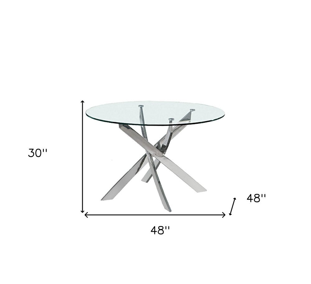 Clear and Silver Glass and Metal Cross Leg Base Round Top Dining Table - 48-inch