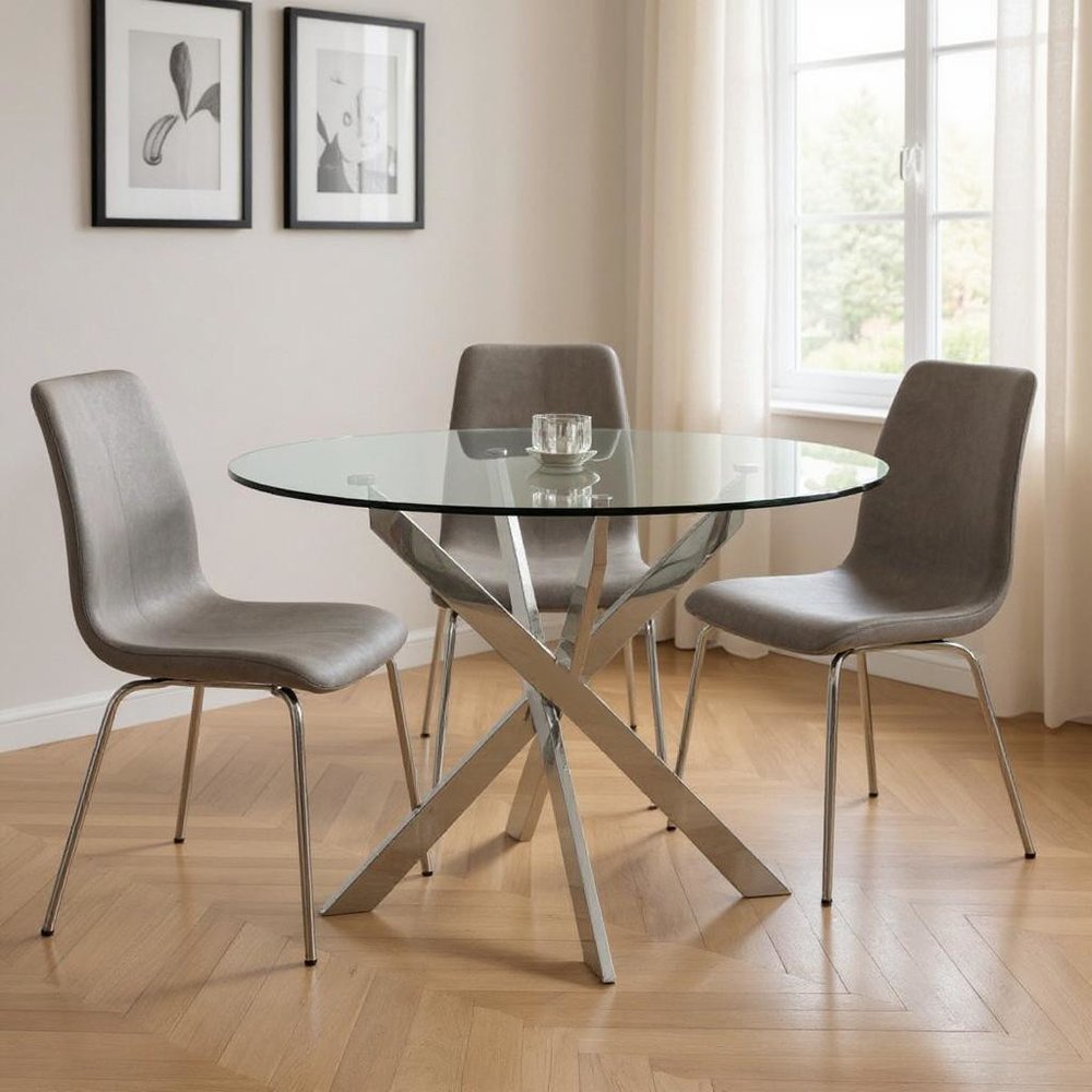 Clear and Silver Glass and Metal Cross Leg Base Round Top Dining Table - 48-inch