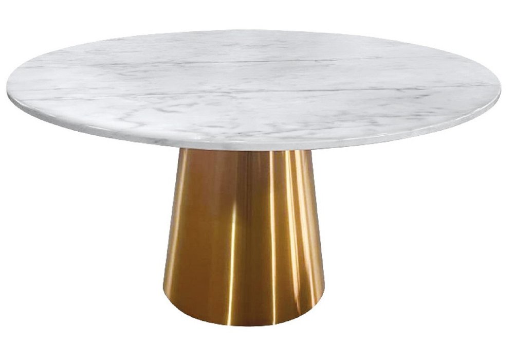 Gray White and Gold Marble and Metal Pedestal Base Round Top Dining Table
