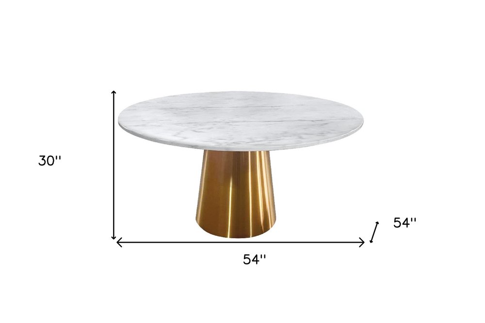 Gray White and Gold Marble and Metal Pedestal Base Round Top Dining Table