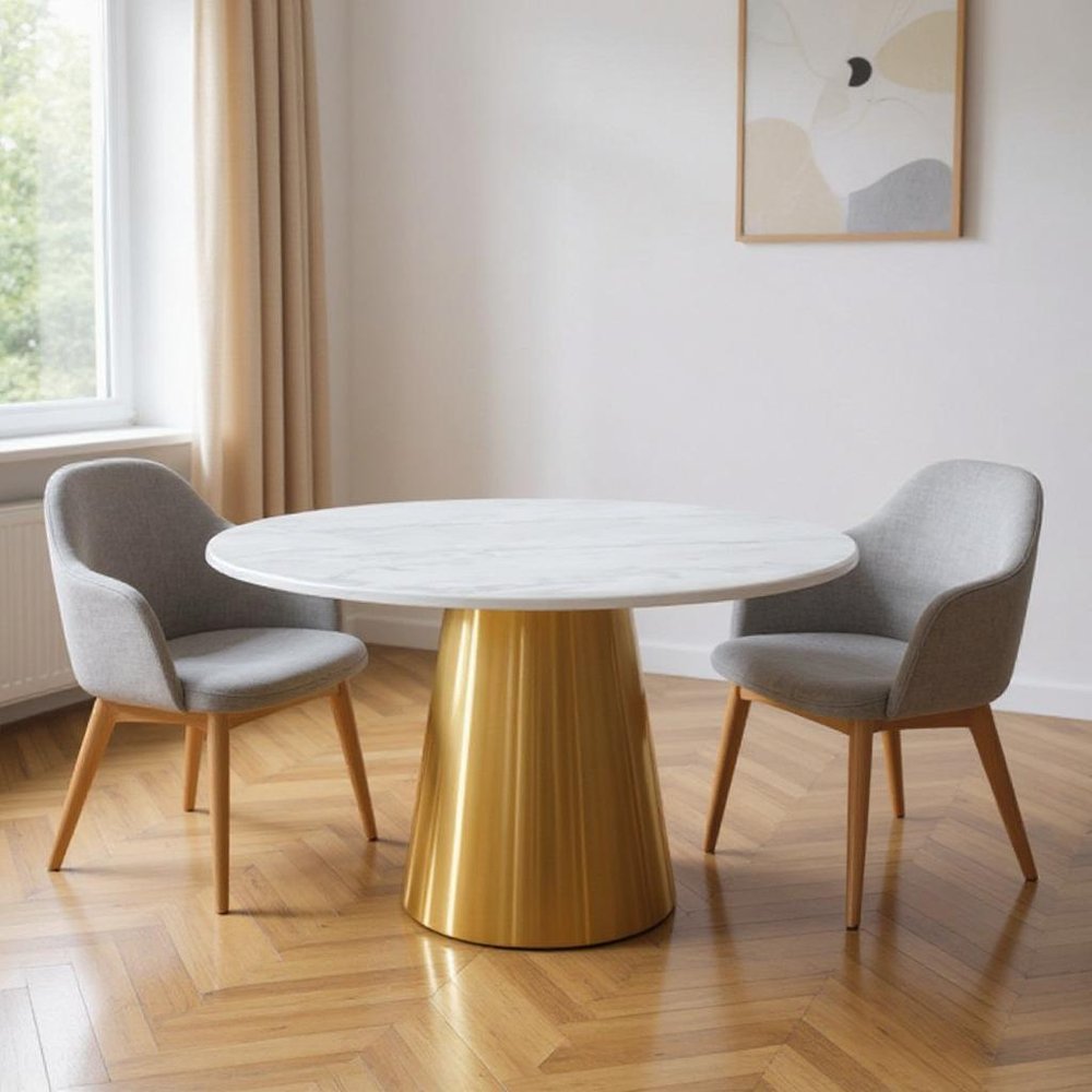 Gray White and Gold Marble and Metal Pedestal Base Round Top Dining Table