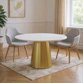 Gray White and Gold Marble and Metal Pedestal Base Round Top Dining Table