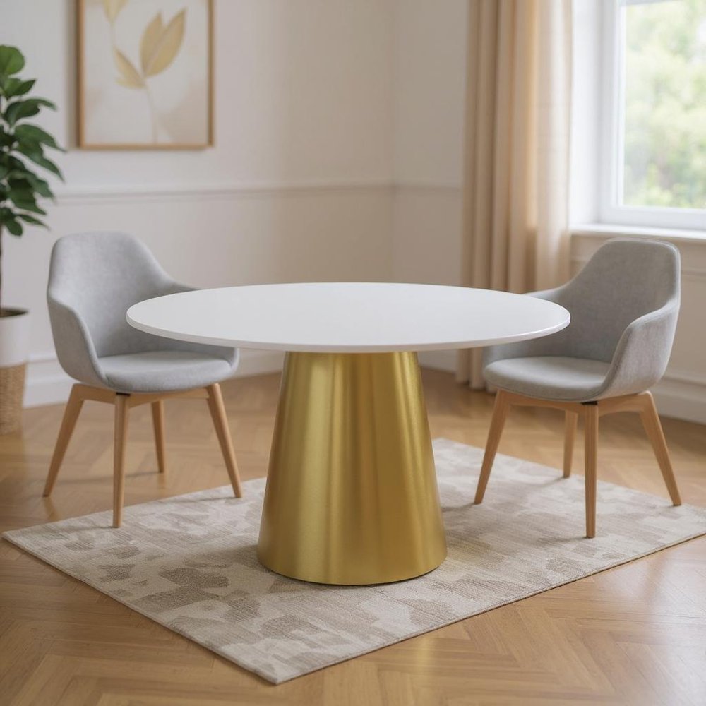 Gray White and Gold Marble and Metal Pedestal Base Round Top Dining Table