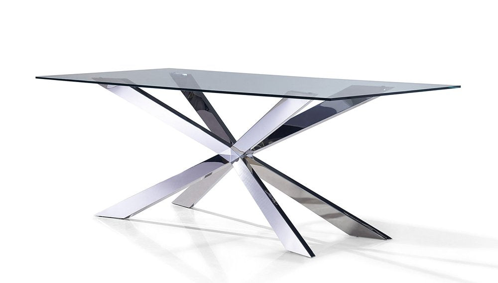 Clear and Silver Glass and Metal Cross Leg Base Dining Table - 87-inch