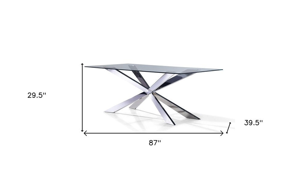 Clear and Silver Glass and Metal Cross Leg Base Dining Table - 87-inch