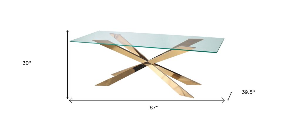 Clear and Gold Glass and Metal Cross Leg Base Dining Table - 87-inch