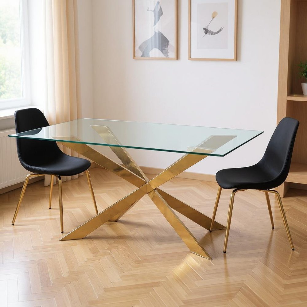 Clear and Gold Glass and Metal Cross Leg Base Dining Table - 87-inch