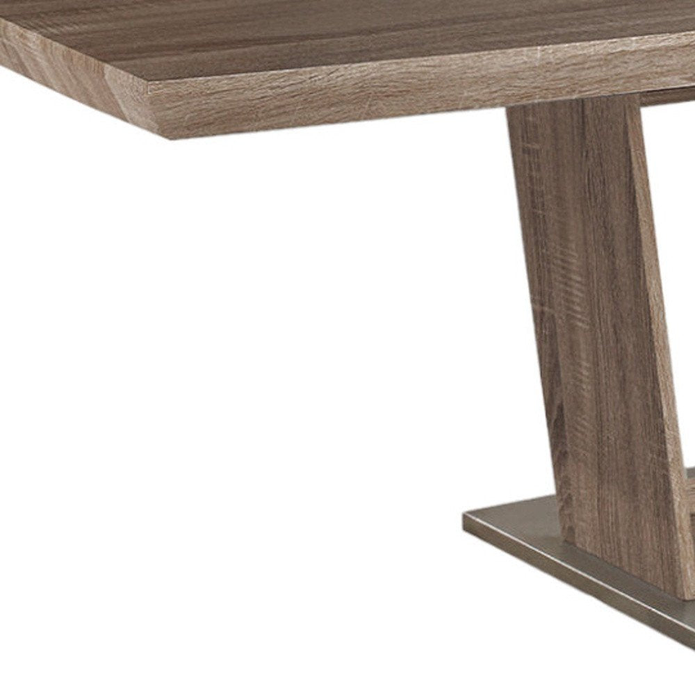 Gray Wood and Metal Self-Storing Leaf Pedestal Base Extendable Dining Table