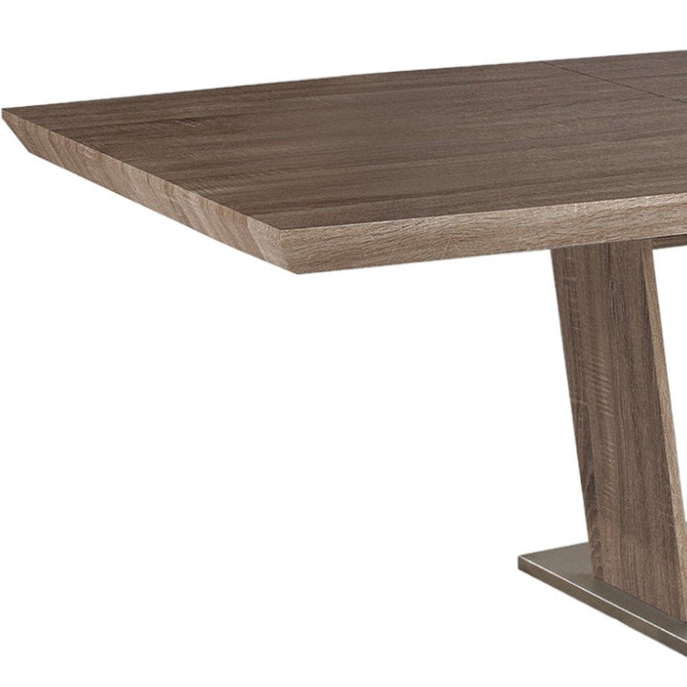 Gray Wood and Metal Self-Storing Leaf Pedestal Base Extendable Dining Table