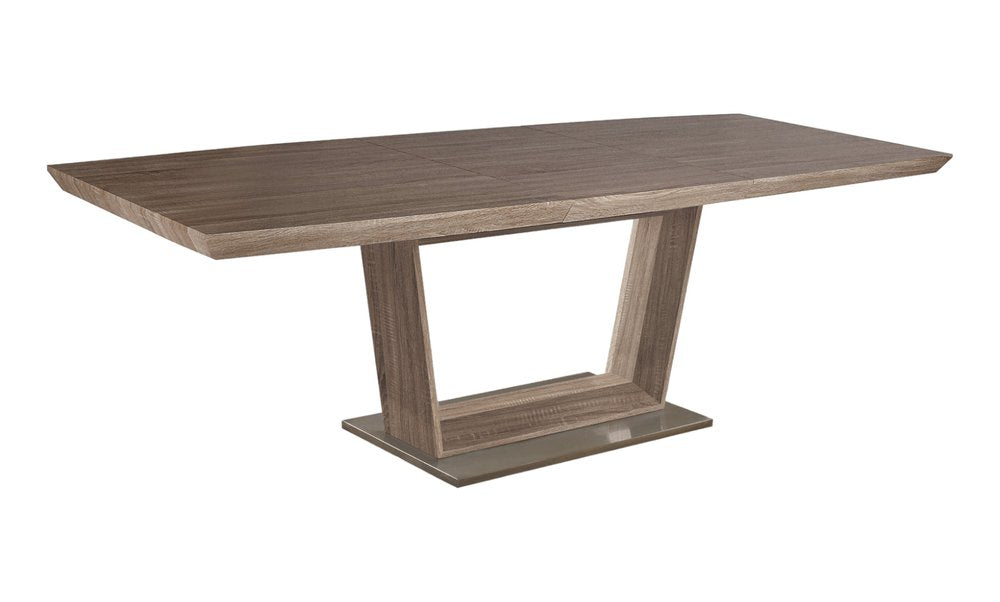 Gray Wood and Metal Self-Storing Leaf Pedestal Base Extendable Dining Table