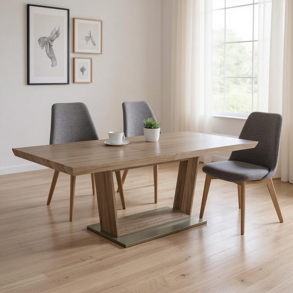 Gray Wood and Metal Self-Storing Leaf Pedestal Base Extendable Dining Table