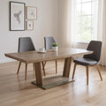 Gray Wood and Metal Self-Storing Leaf Pedestal Base Extendable Dining Table