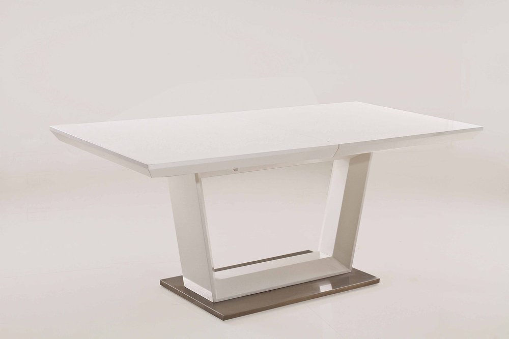 White Wood and Metal Self-Storing Leaf Pedestal Base Extendable Dining Table