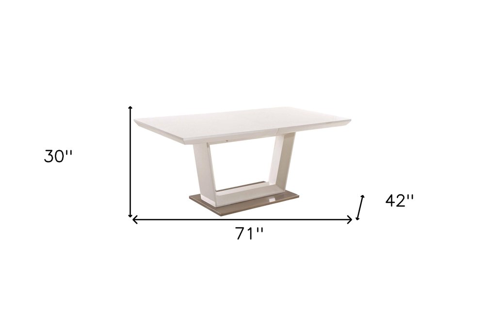White Wood and Metal Self-Storing Leaf Pedestal Base Extendable Dining Table