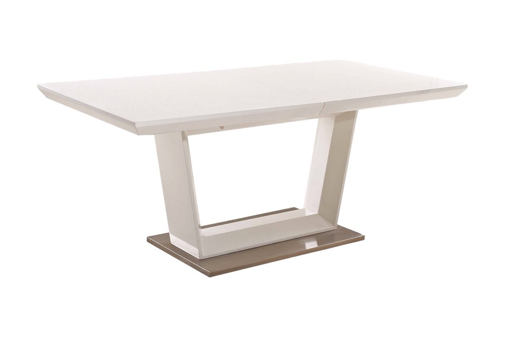 White Wood and Metal Self-Storing Leaf Pedestal Base Extendable Dining Table