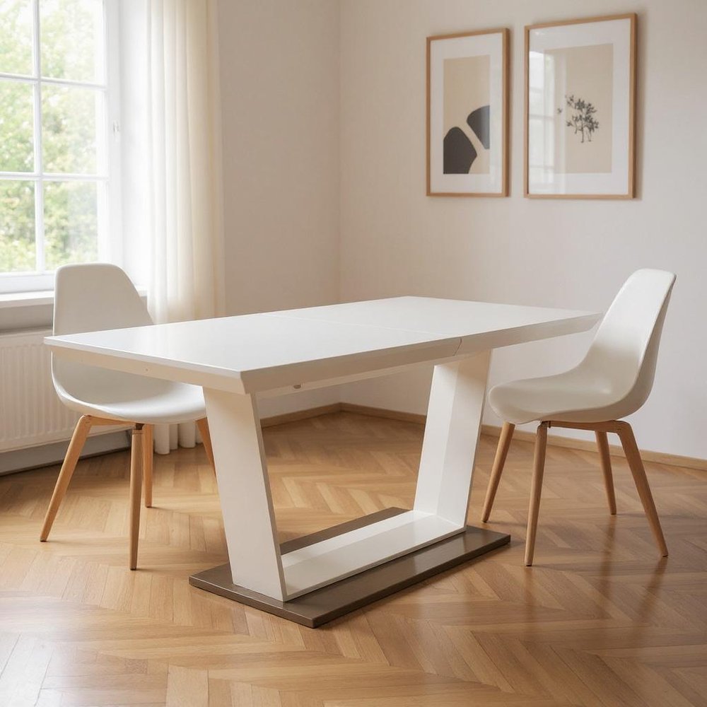 White Wood and Metal Self-Storing Leaf Pedestal Base Extendable Dining Table
