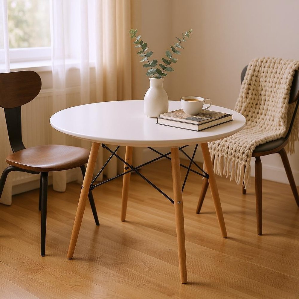 White and Natural Wood Round Top Dining Table - 36-inch