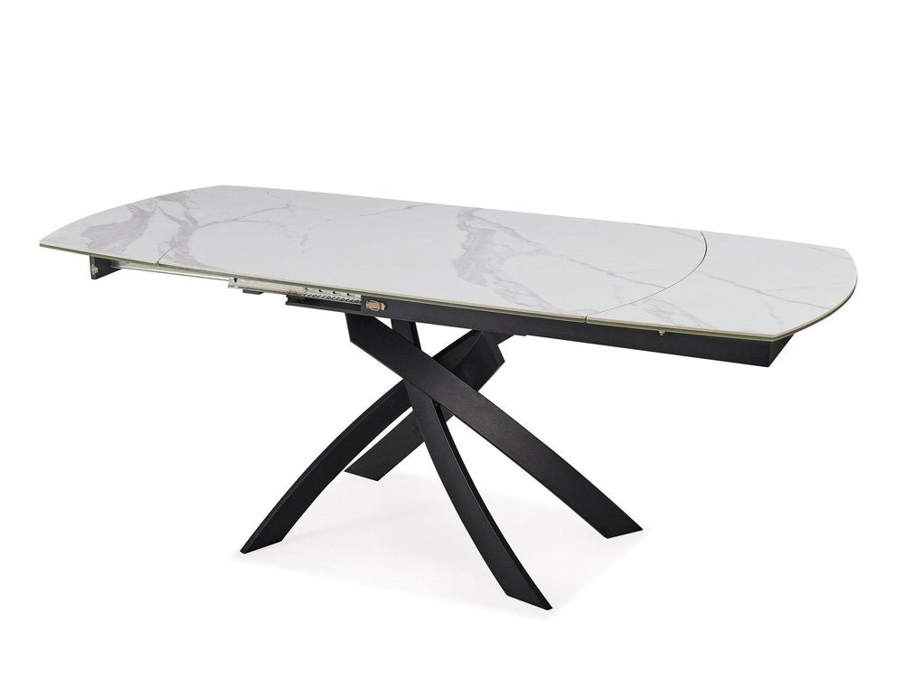 Gray White and Black Ceramic and Metal Self-Storing Leaf Cross Leg Base Oval Extendable Dining Table